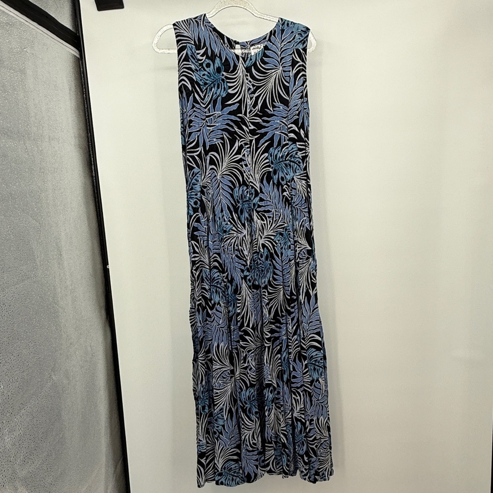Her Style Maxi Dress Womens Sz S Blue Black Leaf Resort Sleeveless Rayon Hawaii‎
